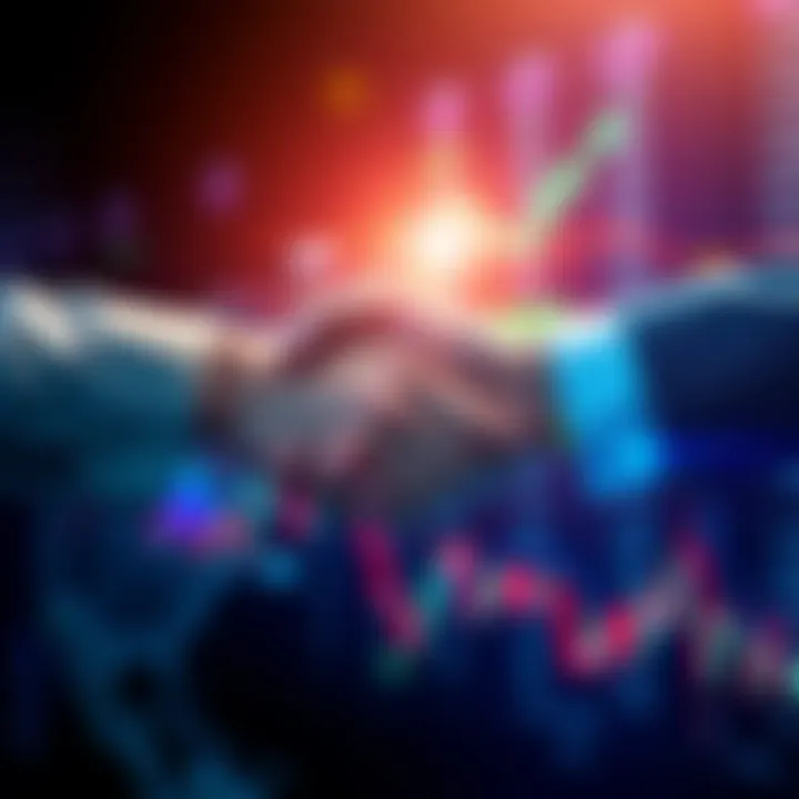 Stellar XLM Partnership Announcement A graphic showing a handshake between a financial institution and Stellar XLM, symbolizing a new partnership, with a backdrop of financial charts.