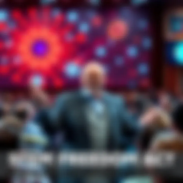 Charles Hoskinson presenting the Stem Cell Freedom Act with a backdrop of biotech visuals and supportive audience