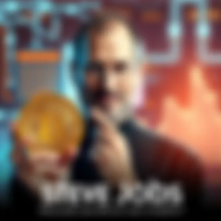 A conceptual image of Steve Jobs holding a Bitcoin symbol, representing innovation in finance, with tech elements in the background.