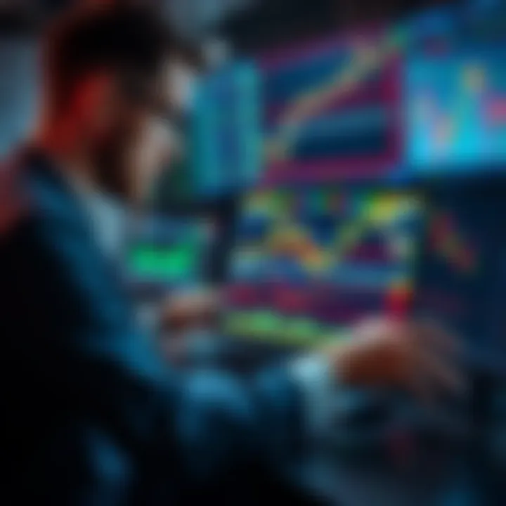 A financial analyst reviews stock charts and graphs, indicating trends and price movements in a trading environment.