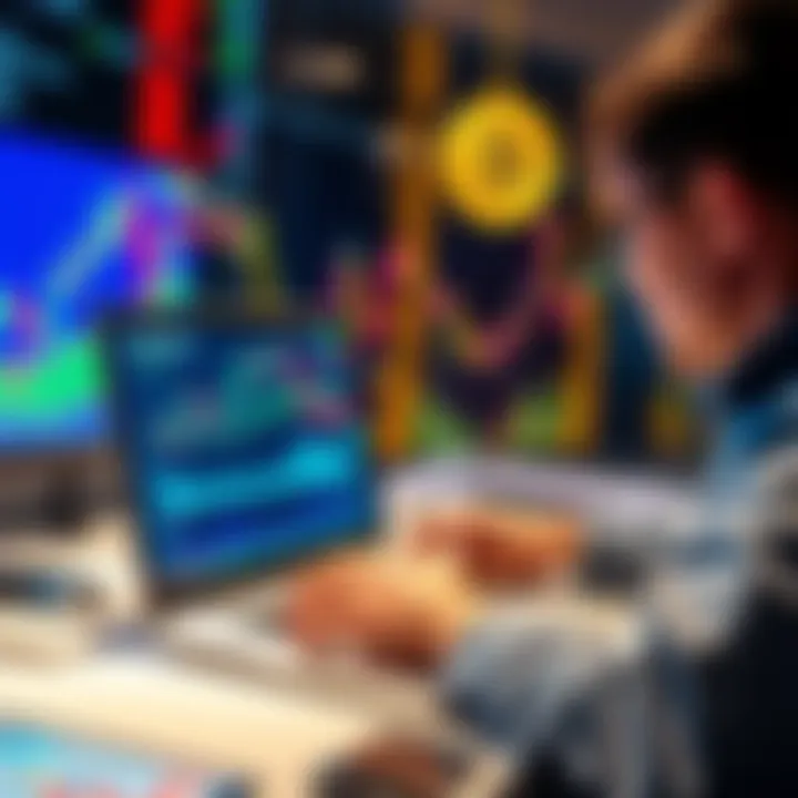 A person analyzing stock charts on a laptop with financial graphs and cryptocurrency symbols in the background.