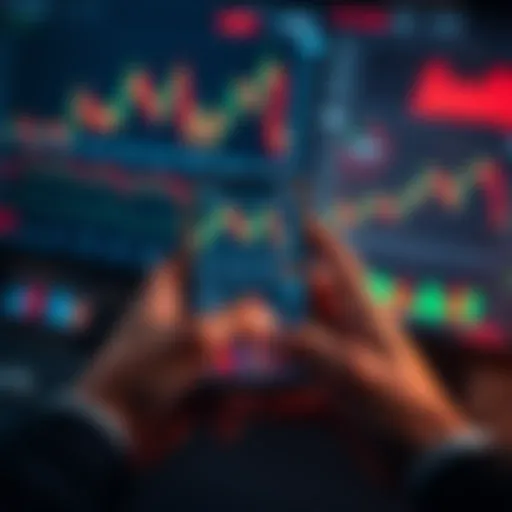 A close-up of financial charts and graphs with a trader's hands holding a phone showing stock prices.