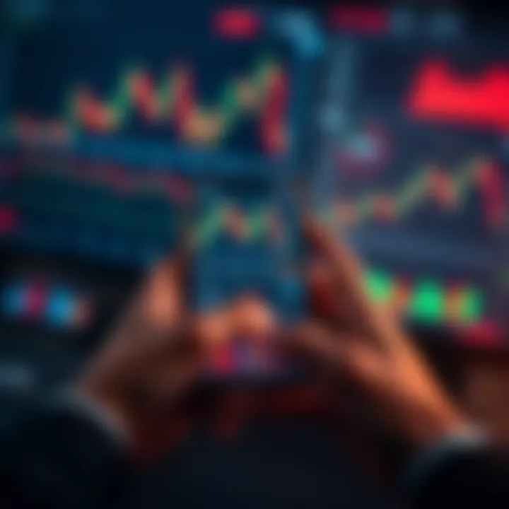A close-up of financial charts and graphs with a trader's hands holding a phone showing stock prices.