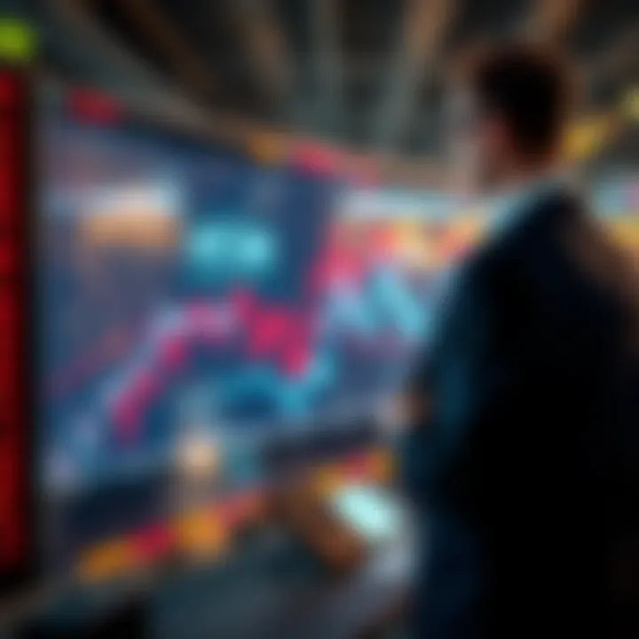 Graph showing a sharp decline in stock prices with a worried investor looking at a screen