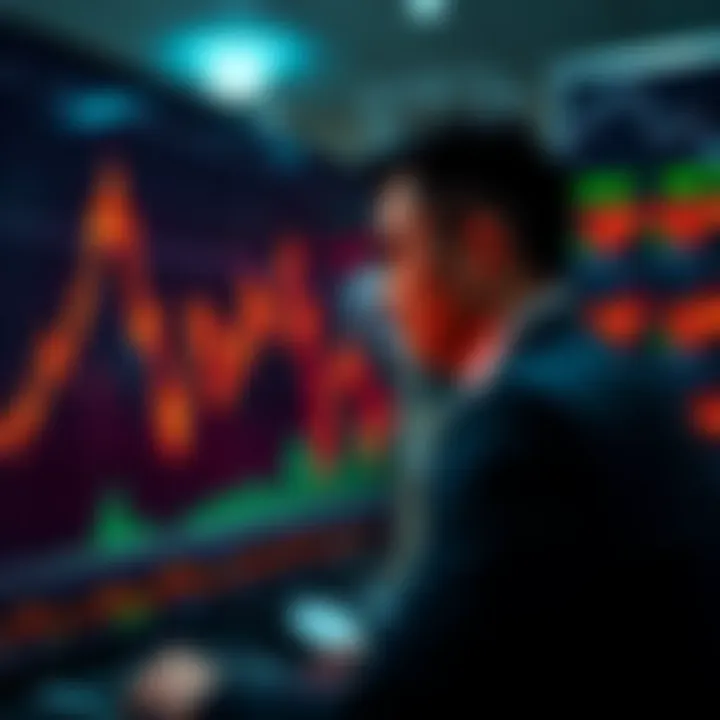 Stock Market Decline Graph showing downward trend in stock prices with a worried investor looking at the screen.