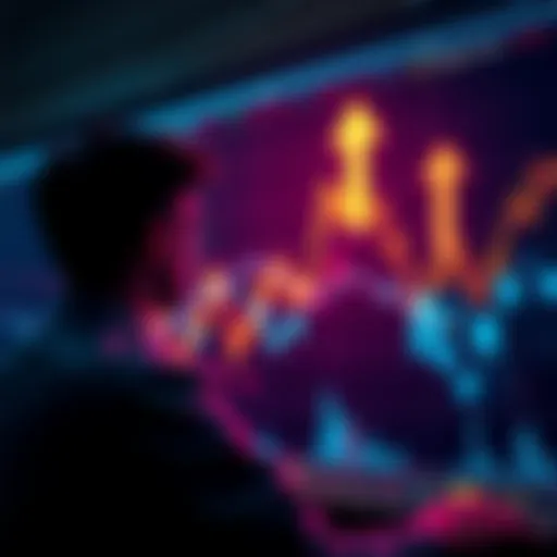 Investor looking at a stock chart showing a decline with arrows pointing upwards symbolizing buying opportunities