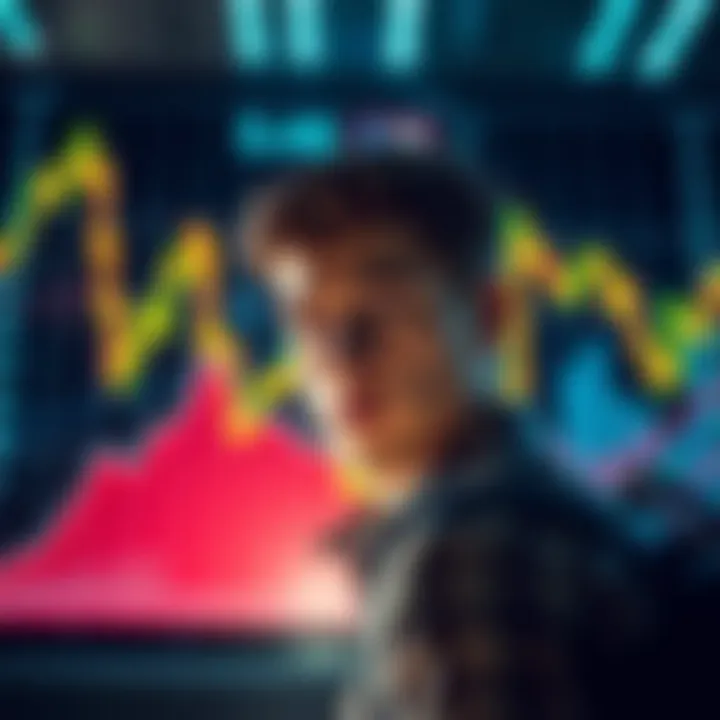 A graph showing rising and falling stock prices with a person looking concerned, representing market challenges in trading.