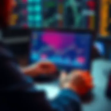 A person analyzing stock market data on a laptop with rising graph trends