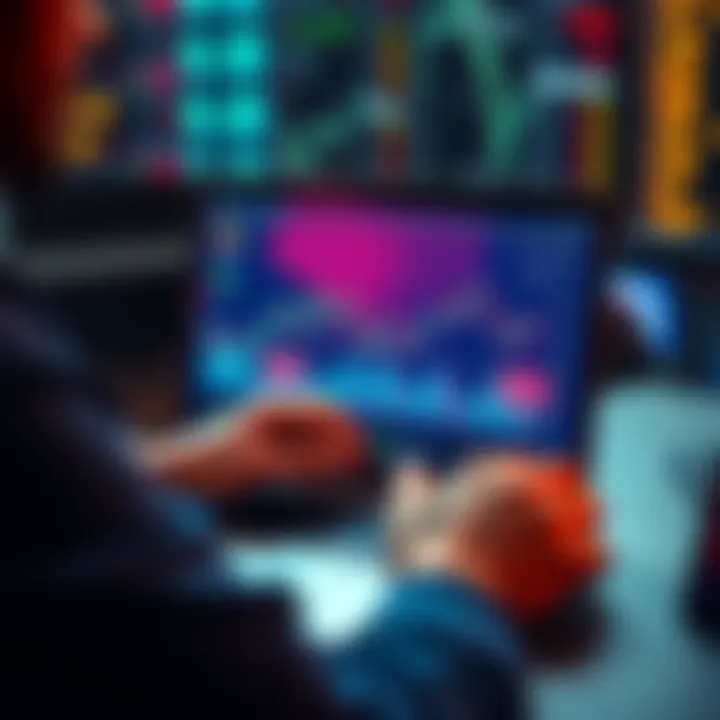 A person analyzing stock market data on a laptop with rising graph trends