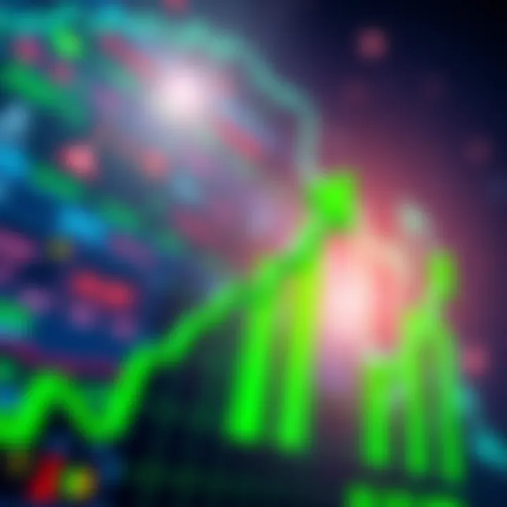A graph showing a significant upward trend in stock prices over time with green arrows pointing up, symbolizing gains from holding investments during market fluctuations.