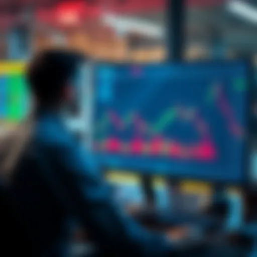 A person looking at stock charts on a computer while a graph with a downward trend for cryptocurrency is on the screen.