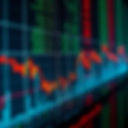 A graph showing declining stock prices with a background of financial data.