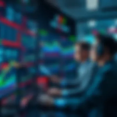 Investors looking at stock market graphs and charts on a computer screen, analyzing data amid rising volatility