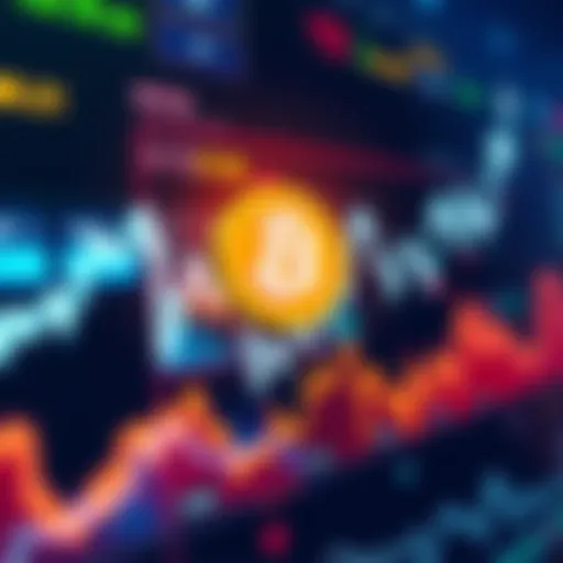 A graph showing a sharp rise and fall in stock prices, with Bitcoin's logo prominently displayed