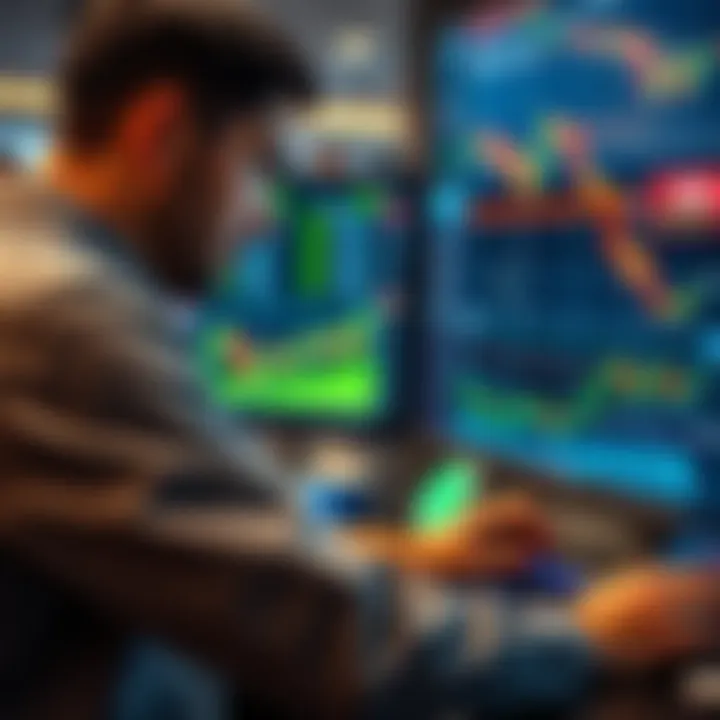 Stock trader analyzing futures A stock trader reviewing market data on a computer screen, focused on stock futures and trading charts.