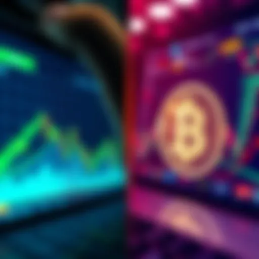 A split view showing a stock trading app on one side and a cryptocurrency exchange interface on the other, highlighting their differences.