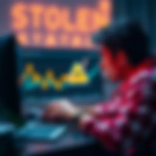 A distressed user looking at their computer screen with a graph showing Bitcoin decline and a warning sign, symbolizing stolen funds from an Electrum wallet.