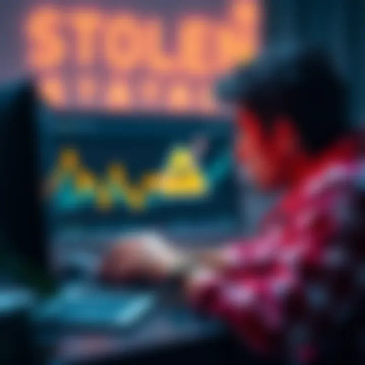 A distressed user looking at their computer screen with a graph showing Bitcoin decline and a warning sign, symbolizing stolen funds from an Electrum wallet.