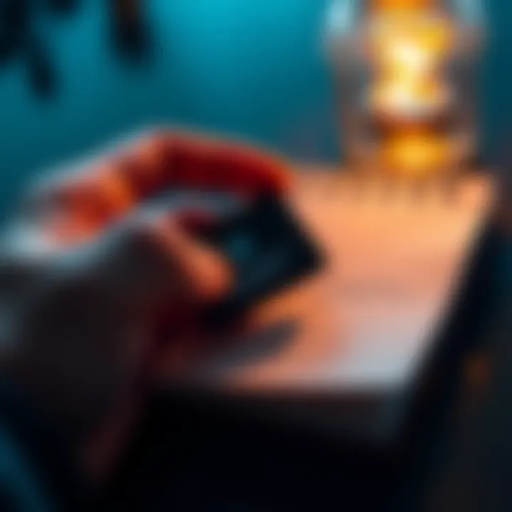 A close-up of a hand holding an encrypted SD card next to a notepad with a handwritten seed phrase.