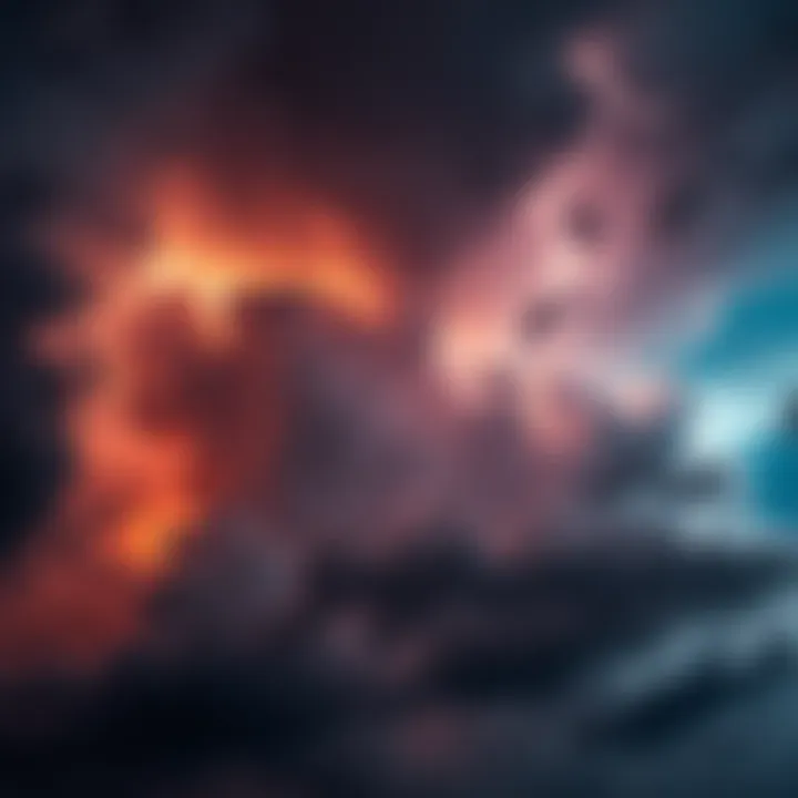 A dramatic sky filled with dark clouds and lightning, illustrating natural chaos.