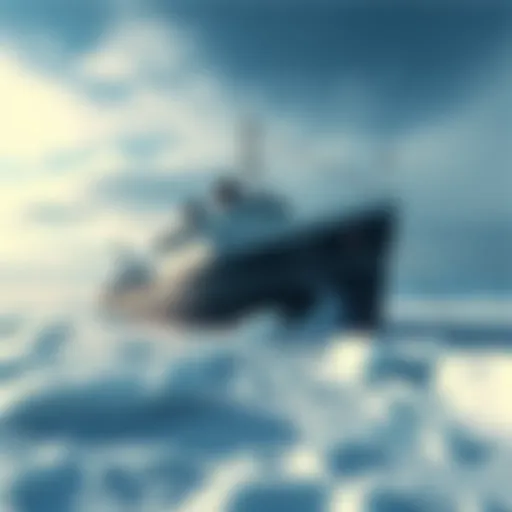 A ship trapped in ice with a frozen landscape around it, highlighting a sense of danger and abandonment.