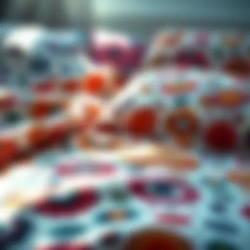 A close-up view of unusual and colorful patterns on bed sheets, with sunlight illuminating the design, suggesting a morning wake-up moment.