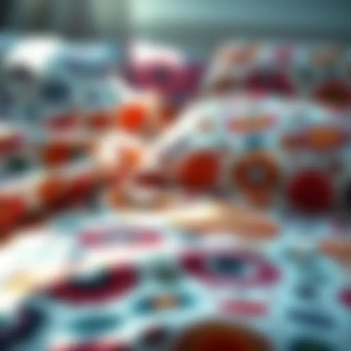 A close-up view of unusual and colorful patterns on bed sheets, with sunlight illuminating the design, suggesting a morning wake-up moment.
