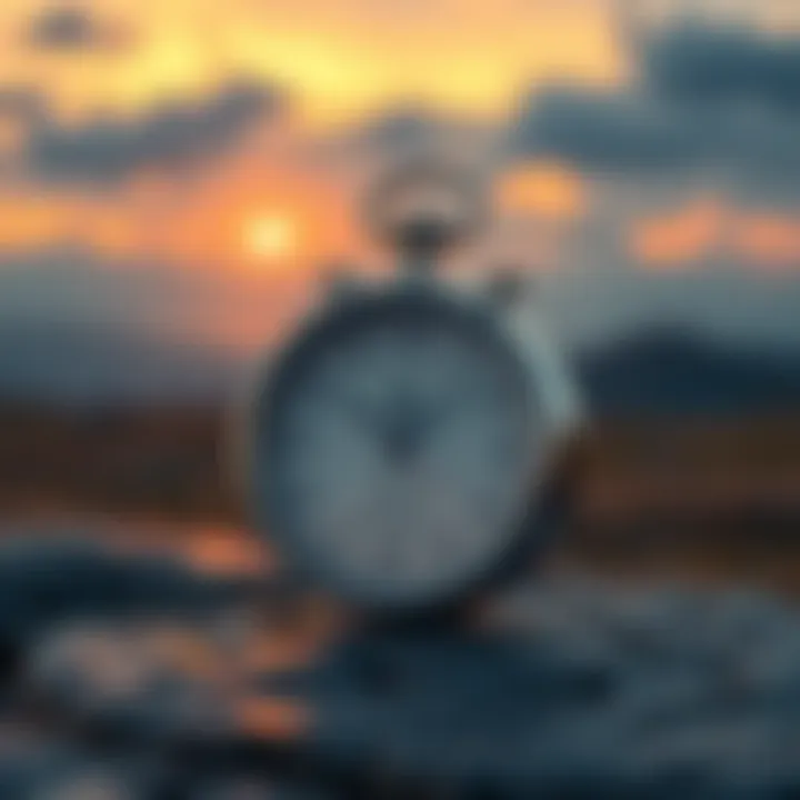 A serene landscape with a timepiece symbolizing patience and strategic decision-making in technology.