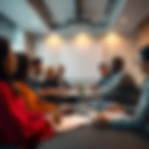 A group of diverse people in a meeting room discussing strategy and planning for future obligations.