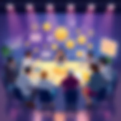 An illustration showing a diverse group of people collaborating around a digital table with cryptocurrency symbols, community engagement, and partnership ideas on a screen.