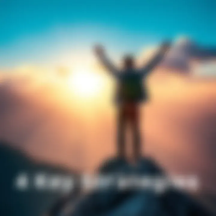 A person standing on a mountain peak with arms raised, celebrating achievement and success.