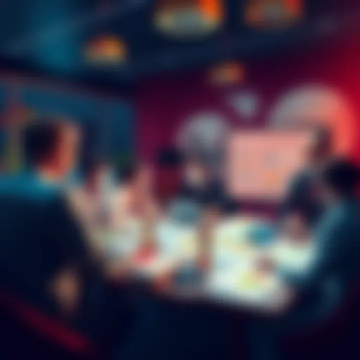 A group of people discussing strategies for collecting parcels and badges, with charts and maps on a table.