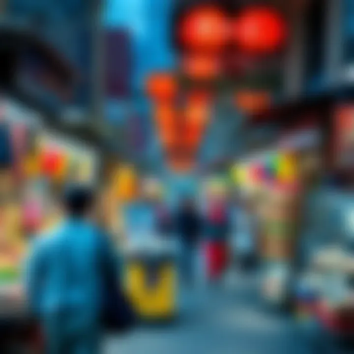 A bustling street market with vendors selling various goods and people shopping carefully.