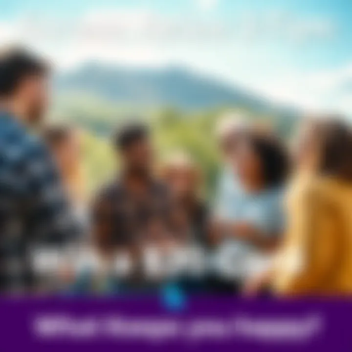 A diverse group of people discussing stress relief ideas outdoors, with nature in the background.