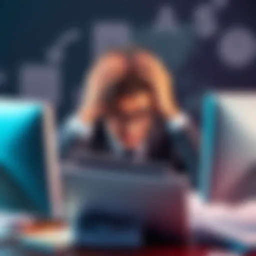 A business person looking overwhelmed with stress at their desk surrounded by papers and a computer