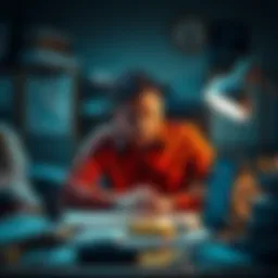 An overworked employee looks stressed while sitting at a cluttered desk with papers and a computer, showing signs of exhaustion.
