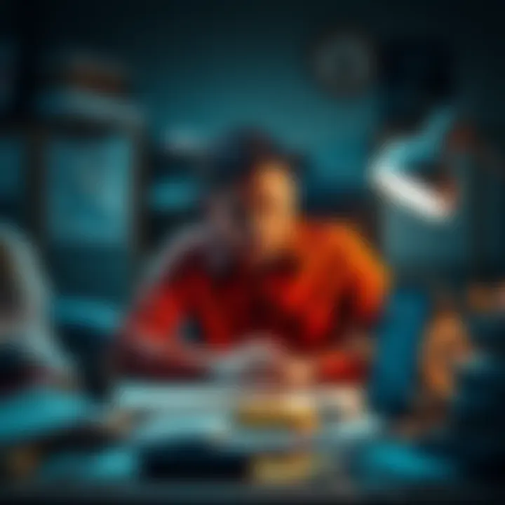 An overworked employee looks stressed while sitting at a cluttered desk with papers and a computer, showing signs of exhaustion.