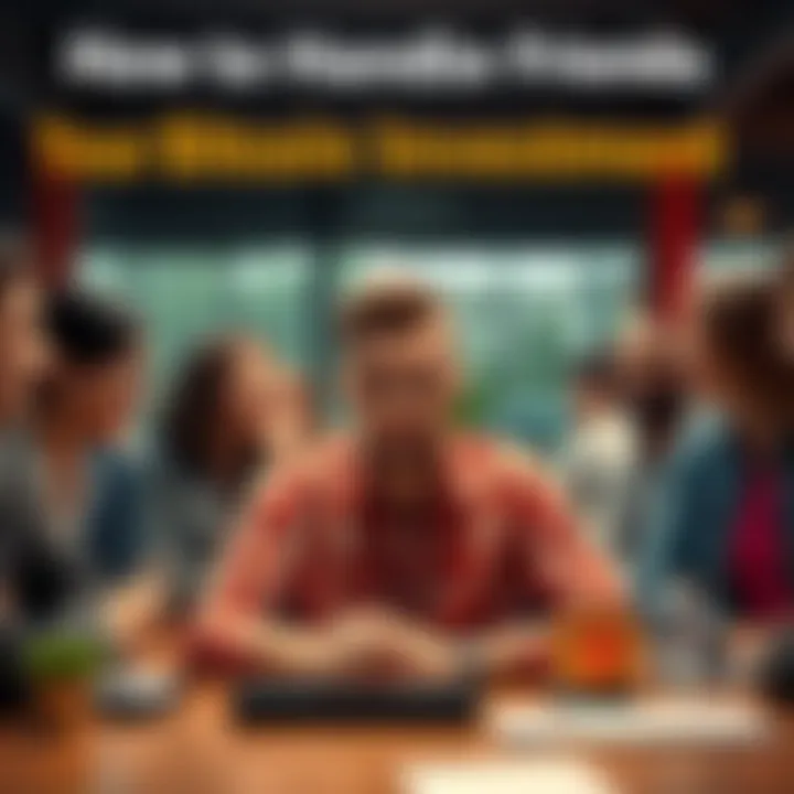 A person sitting at a desk with a worried expression, surrounded by friends laughing and discussing Bitcoin investments