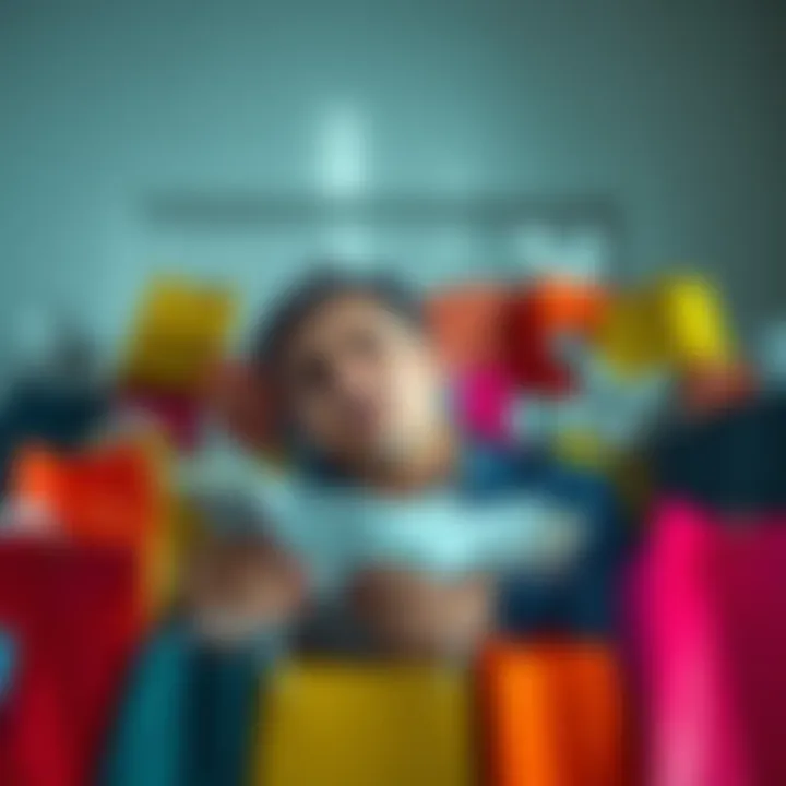 A worried individual surrounded by shopping bags and bills, reflecting on their overspending habits.