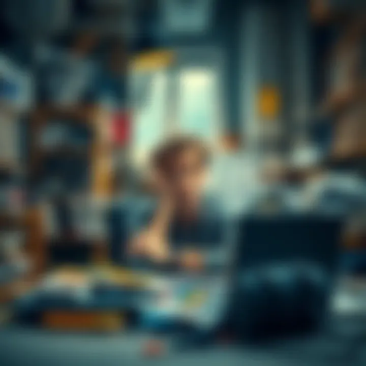A person looking overwhelmed sitting at a cluttered desk with papers and a laptop, reflecting stress and frustration in a hectic environment.