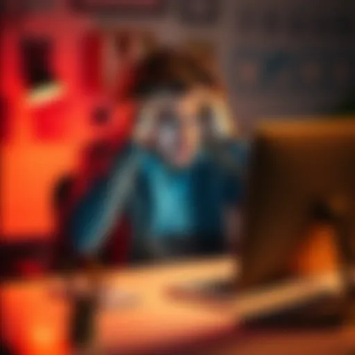 A frustrated person sits at a desk with a computer, holding their head in their hands, showing concern over salary payments being frozen during account verification.