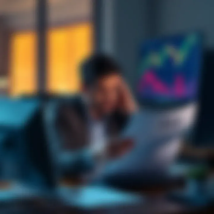 Person stressed over tax documents Individual sitting at a desk, looking worried while holding tax papers, with a computer screen showing financial charts in the background