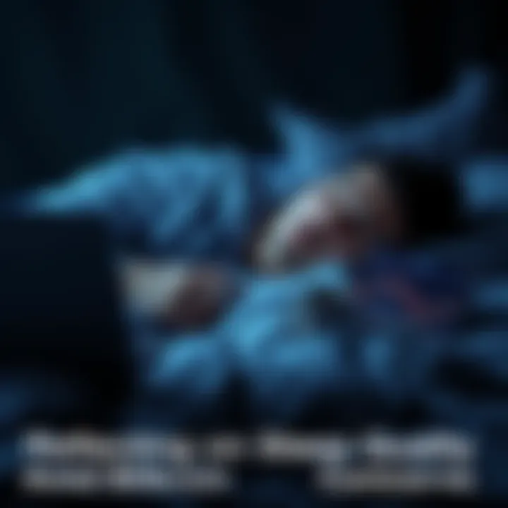 A person lying in bed awake, looking worried with a laptop displaying Bitcoin charts on the side, with a dark room setting