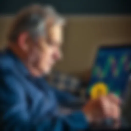A man recovering from a stroke, looking stressed while viewing a Bitcoin price chart on his laptop, considering selling his assets for medical expenses.