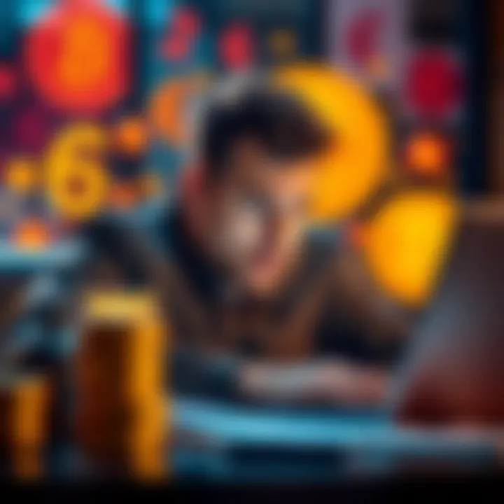 A person looking frustrated while trying to sell Monero on a laptop, with currency symbols in the background