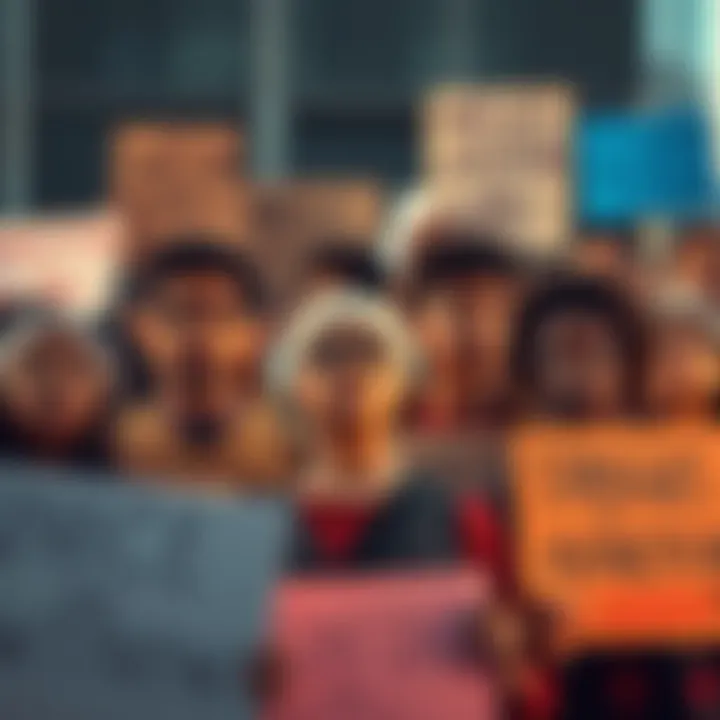 A group of diverse people looking concerned while holding signs about social justice and economic issues