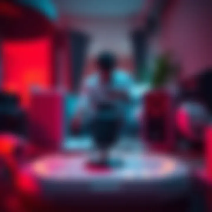 A close-up view of several IOT devices showing weak signals and connectivity issues, with a concerned neighbor in the background looking at their device, highlighting the struggle for better network c...