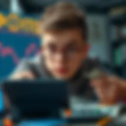 A high school student looks at a Bitcoin chart with a thoughtful expression, surrounded by dollar bills and a calculator, contemplating a long-term investment strategy.