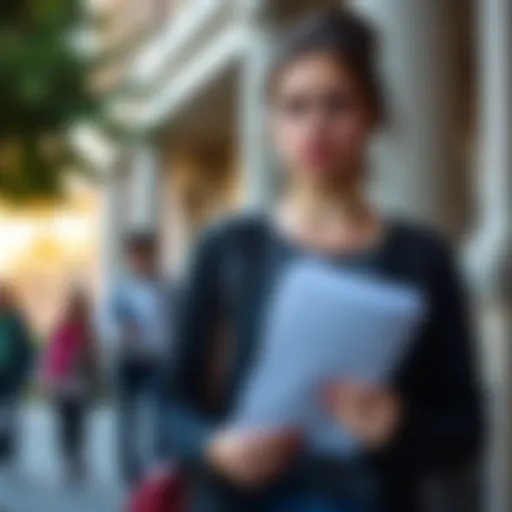 A college student stands in front of a campus building, looking concerned and holding papers related to her case, with a blurry background of students walking by.