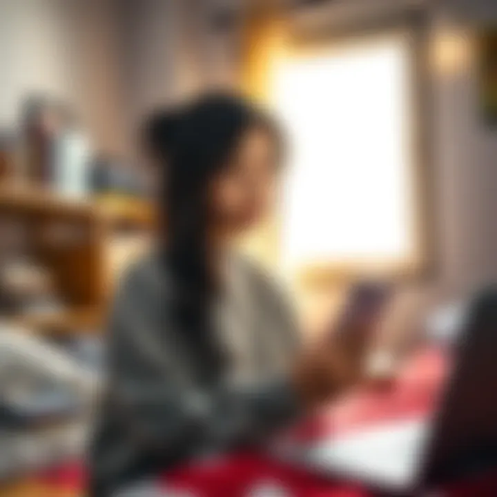 A 19-year-old South Korean student looks worried while checking her phone in a dorm room, surrounded by books and a laptop, showing frustration about her frozen bank account.